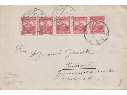 1928, DR Hronov, dopis vyfr. 5páskou svitkových známek 20h