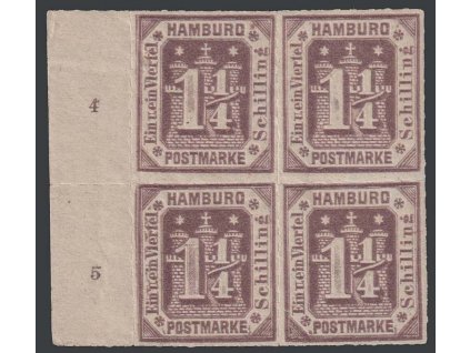 Hamburg, 1866, 1 1/4 S fialová, krajový 4blok, MiNr.20a, */**