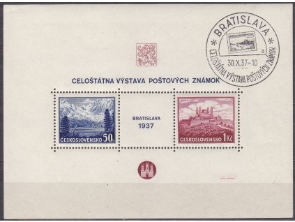 1937, aršík Bratislava, pamětní razítko BRATISLAVA 26.X.37, písmeno A, Nr.A329/330, ilustrační foto