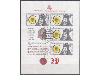 1988, 1.60Kčs aršík Jiří z Poděbrad, Nr.A2863, razítkované, strojové razítko, ilustrační razítko