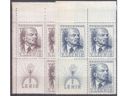 1948, 1.50-5Kčs V.I.Lenin, levé horní roh. 4bloky, Nr.498-99, **