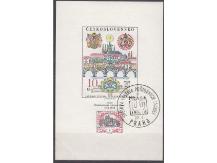 1968, 10Kčs aršík Karlův most, pamětní razítko, Nr.A1694, aršík byl před nalepením na obálku FDC zkracován, ilustrační foto