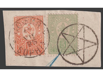 1889, výstřižek se známkami 5 a 15 St Znak