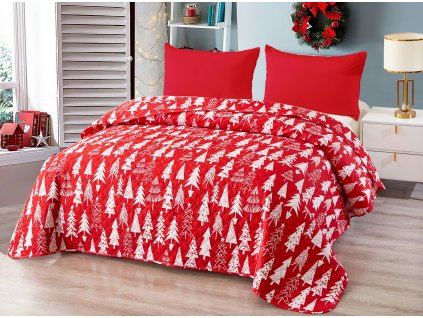 Červený přehoz na postel CHRISTMAS TREES (Rozměr 220 x 240 cm)