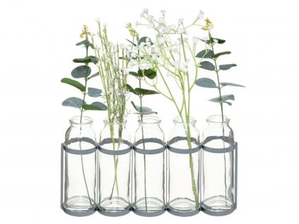 75571 3 sklenene vazy v kovovem stojanu s umelymi kvetinami seda barva