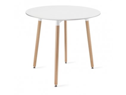 Moderní kulatý jídelní stůl KAMI s bílou deskou a přírodními bukovými nohami, průměr 80 cm, výška 74,5 cm, vhodný do menších prostor.