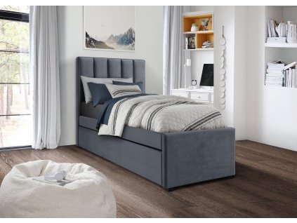 Šedá čalouněná postel RUSSO s přistýlkou 90x200 cm, ideální pro hosty nebo dětský pokoj, s elegantním prošívaným čelem.