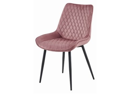 Růžová sametová židle VERDO s černými nohami – elegantní doplněk pro moderní i skandinávské interiéry.
