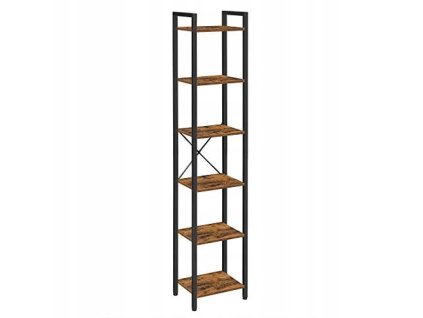 Regál TAYLOR hnědý s černou konstrukcí – Úzký regál se 6 policemi, industriální styl, kov a dřevo, výška 187,5 cm.