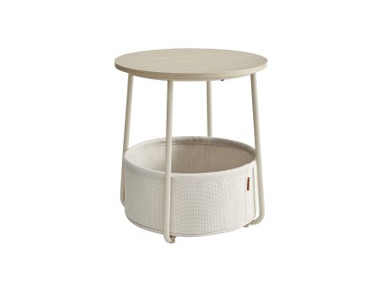 Krémový příruční stolek SALMA Ø 45 cm s odkládacím košem, skandinávský styl a praktický úložný prostor.
