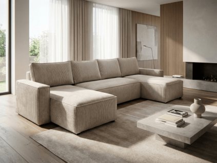 76946 3 bezova sedaci souprava do u smart cosaro 295x140 cm s zebrovanym povrchem a modernim designem