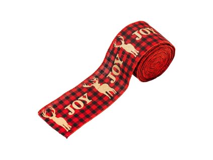 Vánoční stuha JOY 5cm x 5m červená s jelenem a kostkovaným vzorem pro dekorace