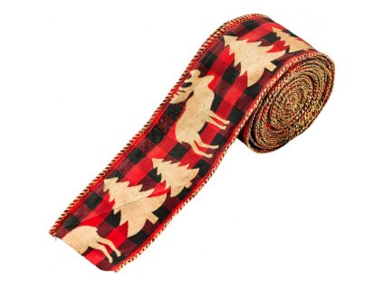 Vánoční stuha REINDEER 5cm x 5m červená s motivem soba na dekorace