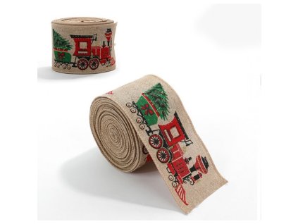 Vánoční stuha CHRISTMAS TRAIN béžová 6,3 cm s vláčkem a stromečky na dekorace