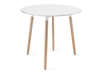 Moderní kulatý jídelní stůl KAMI s bílou deskou a přírodními bukovými nohami, průměr 80 cm, výška 74,5 cm, vhodný do menších prostor.