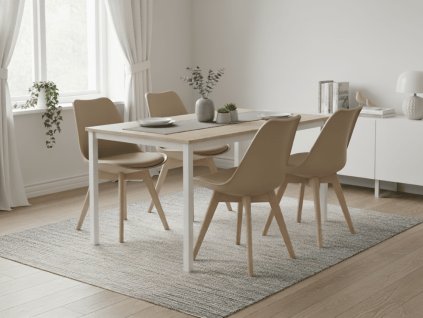 Bílý stůl TESSA dub 120x60 a béžové židle BALI MARK – jídelní set 1+4