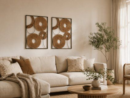 Sada 2 ks nástěnné dekorace CIRCLES kov 48x68 cm, černá / hnědá do moderního interiéru