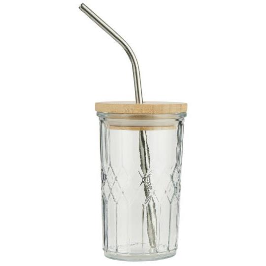 Levně IB Laursen Sklenice s bambusovým víkem a nerezovým brčkem GLASS BAMBOO 300 ml