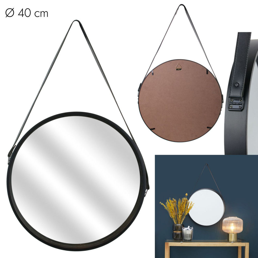 Levně Černé kulaté zrcadlo s koženou rukojetí NAHAD Ø40 cm