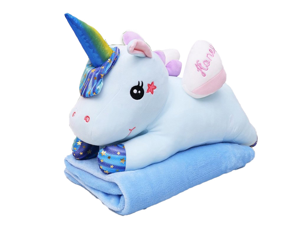 Plyšový JEDNOROŽEC s dětskou dekou uvnitř modrý