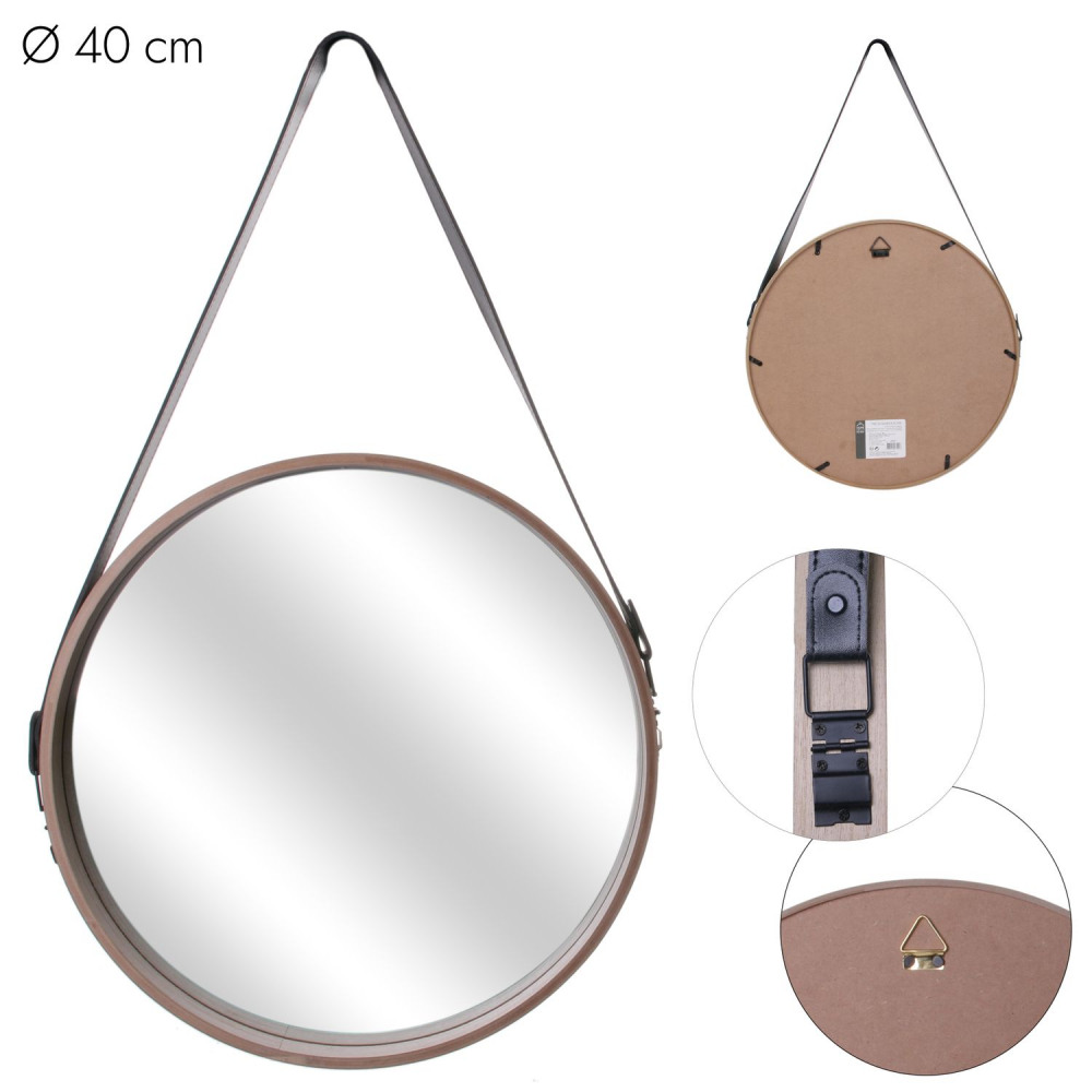 Levně AKCE Přírodní kulaté zrcadlo s koženou rukojetí WOODEN Ø40 cm II.jakost
