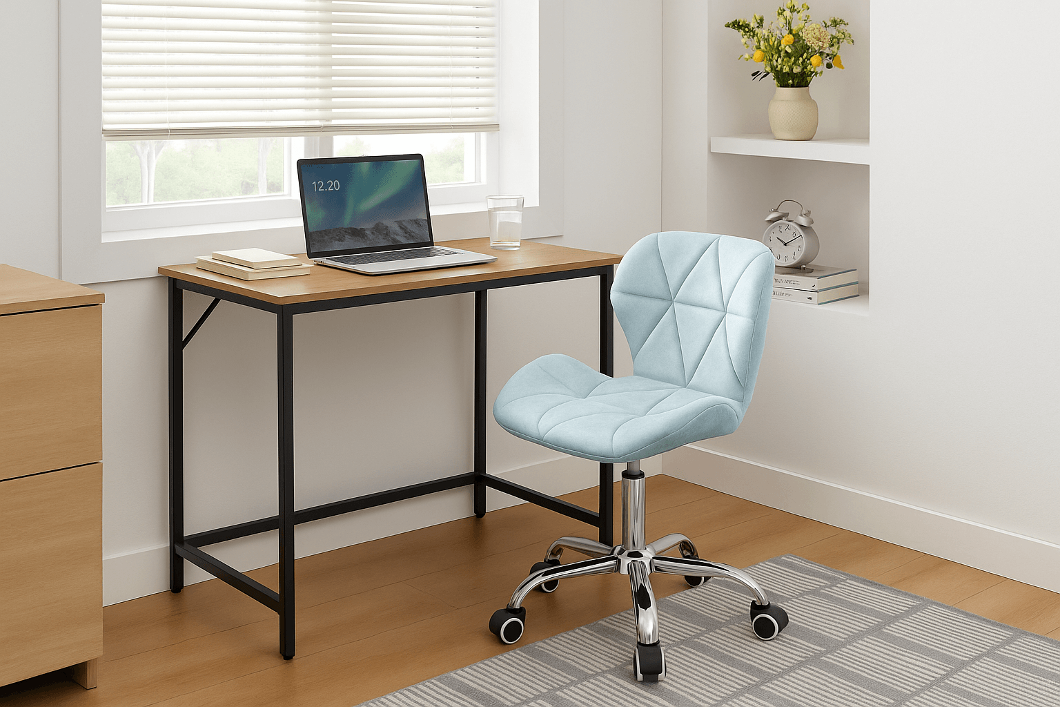 Levně Set do pracovny TAYLOR stůl 80x50 cm dub sonoma + křeslo AVOLA VELVET světle modré