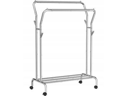 Dvouřadý pojízdný stojan HASAR na oblečení, stříbrný, nosnost 50 kg, pevná konstrukce s kolečky
