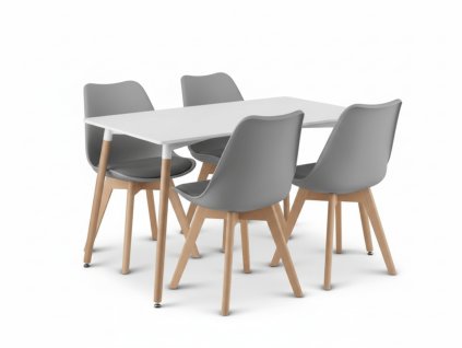 Jídelní set 1 + 4, bílý stůl ADRIA 120x80 cm + světle šedá židle BALI MARK s bukovými nohami