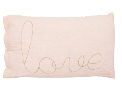 Dekorační polštářek LOVE, 50x30 cm, z jemné bavlněné gázy ve světle růžové. Perfektní doplněk pro skandinávský styl.