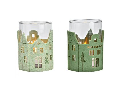 Designový skleněný svícen GREEN HOUSES 13 cm zelený s motivem domečků