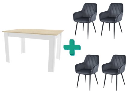 Jídelní set MADO 120x80cm bílý stůl a 4 šedé sametové židle SOLDEN
