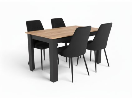 Jídelní set 1+4, černý stůl v dekoru dub zlatý MADO 120x80cm a černá sametová jídelní židle IMOLA