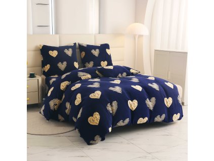 Povlečení mikroplyš GOLDEN HEARTS tmavě modré s elegantním motivem srdcí