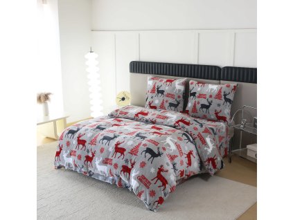 Povlečení mikroplyš MERRY CHRISTMAS DEER šedé s vánočním motivem jelenů