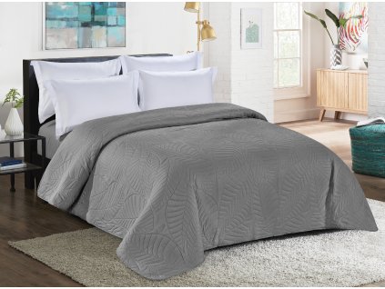 Šedý přehoz na postel LEAVES s elegantním listovým vzorem