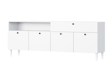 Velká komoda s úložným prostorem – bílá komoda DULLUM 200x75 cm se skříňkami a zásuvkou.