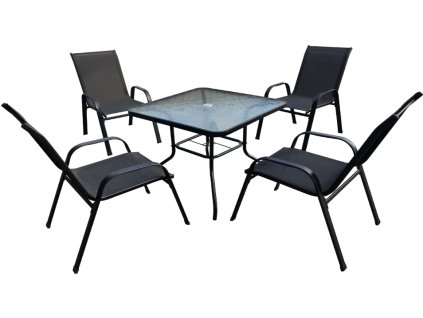 Zahradní set TAVERNO 1 + 4 – stylové posezení s pevnou konstrukcí, skleněným stolem a pohodlnými židlemi, ideální na terasu i zahradu.