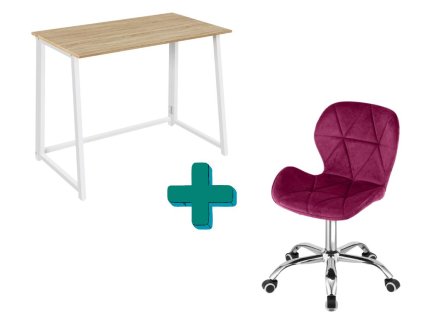 Pracovní set ZARIMO stůl bílý + vínová židle AVOLA VELVET