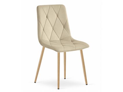 Elegantní světle béžová sametová jídelní židle LIBRA s dřevěnými nohami