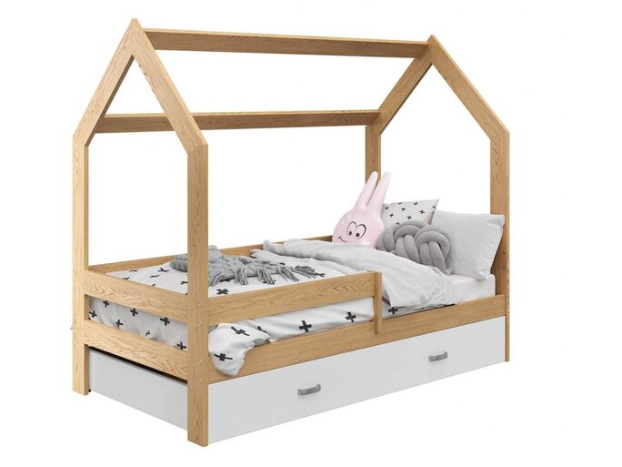 Házikó d3 fenyőfa gyerekágy 80x160 cm matrac: coco 10 cm matraccal, ágyrács: ágyrács nélkül, ágy alatti tárolódoboz: fehér tárolódoboz