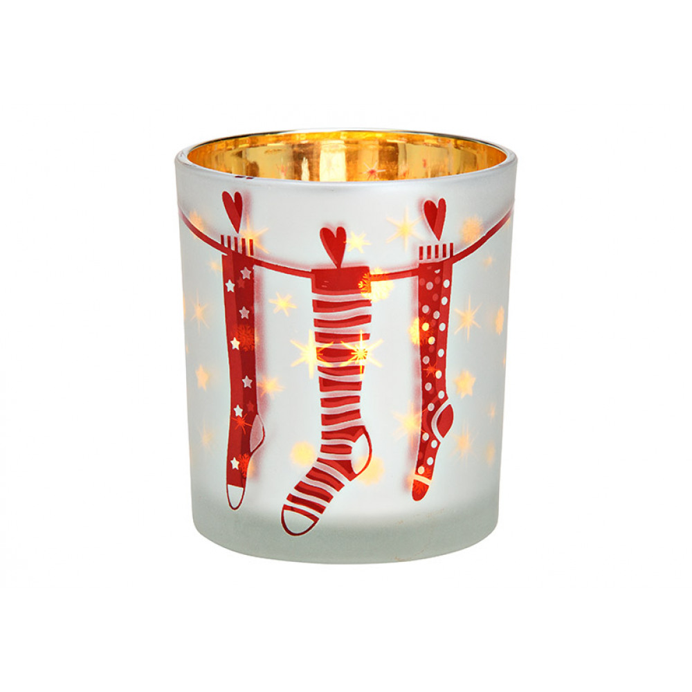 Üveg gyertyatartó CHRISTMAS STOCKING 10 cm fehér