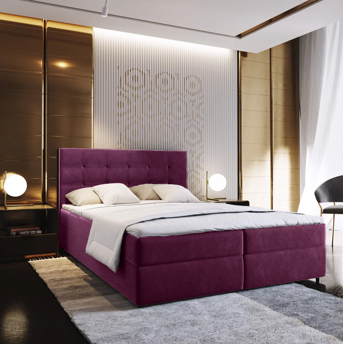 Kárpitozott boxspring ágy GLORIEN 160x200 cm bíbor Matrac: Bonell rugós matrac akciós termékkép 1