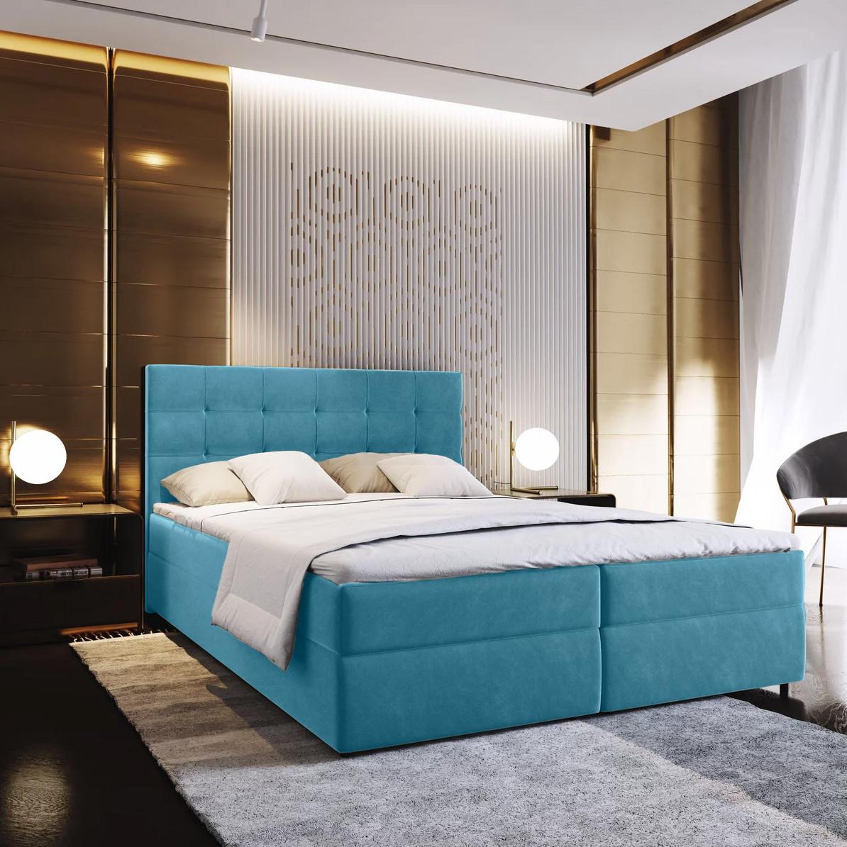 Kárpitozott boxspring ágy GLORIEN VELVET 180x200 cm kék Matrac: Bonell rugós matrac