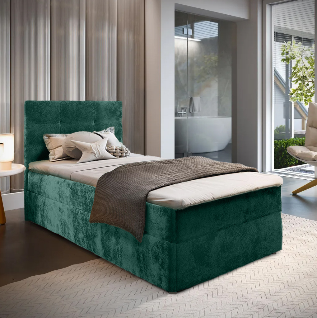 Kárpitozott boxspring ágy GLORIEN VELVET 90x200 cm sötétzöld Matrac: Bonell rugós matrac akciós termékkép 1