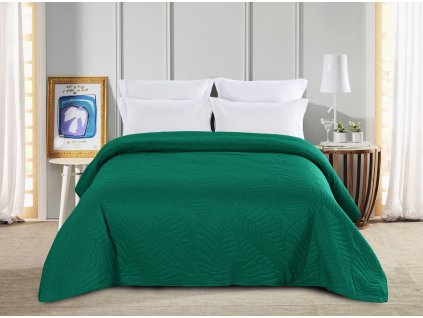 Zelený přehoz na postel se vzorem LEAVES (Rozměr 220 x 240 cm)