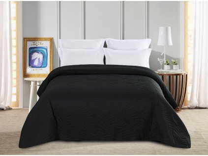 Černý přehoz na postel se vzorem LEAVES (Rozměr 220 x 240 cm)