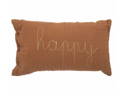Dekorační polštářek HAPPY, hnědý, 50x30 cm, z jemné bavlněné gázy. Skvělý doplněk pro skandinávský styl dětského pokoje.