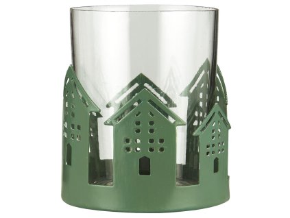 Skleněný svícen HOUSES Ø:7 cm zelený s designem domečků