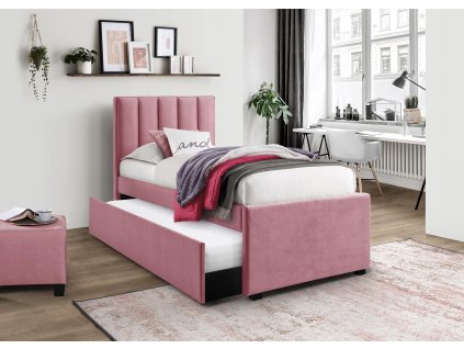 Růžová čalouněná postel RUSSO s přistýlkou 90x200 cm, moderní design a prošívané čelo, ideální pro dětské pokoje.