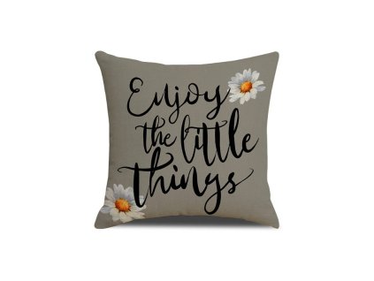 Povlak na polštář ENJOY THE LITTLE THINGS 45x45 cm, šedý s nápisem a kopretinami, praktický zip, elegantní doplněk domova.